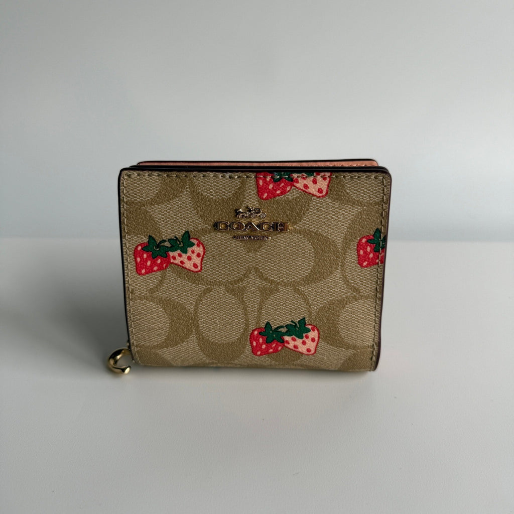 Coach Snap Wallet Wild Strawberry Khaki Multi Signature Canvas C8605