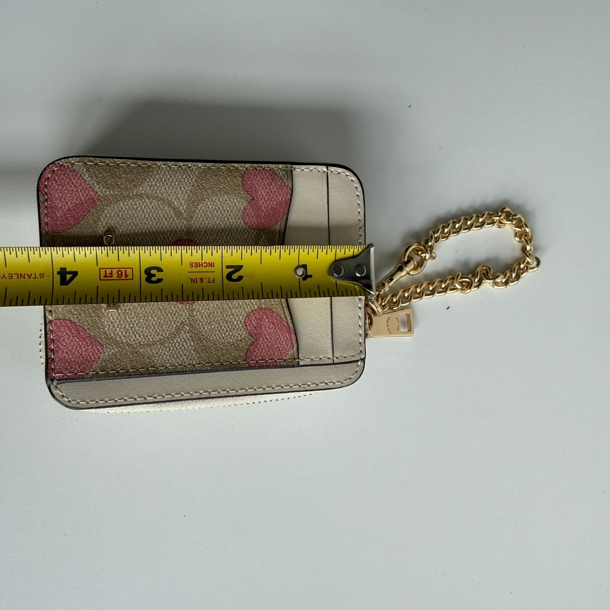 Coach Zip Card Case Light Khaki Signature Canvas Heart Print Wallet CP467
