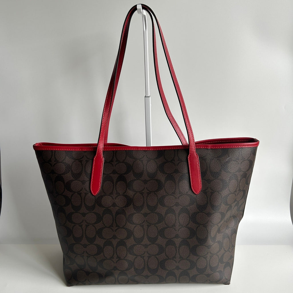 Coach City Tote Brown Red Signature Coated Canvas Bag 5696