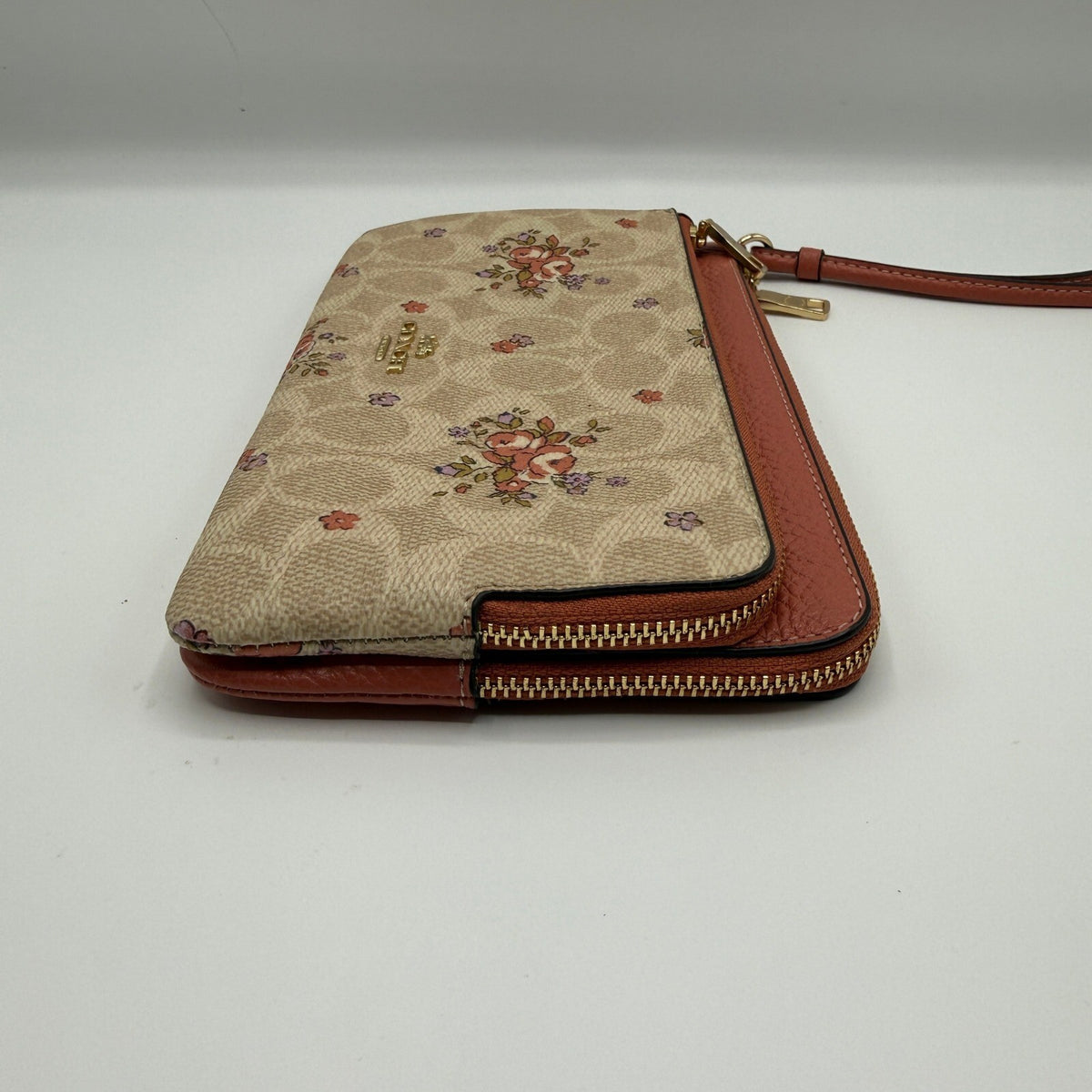 Coach Double Zip Wristlet Wallet Floral Sand Multi Signature Canvas CAY49