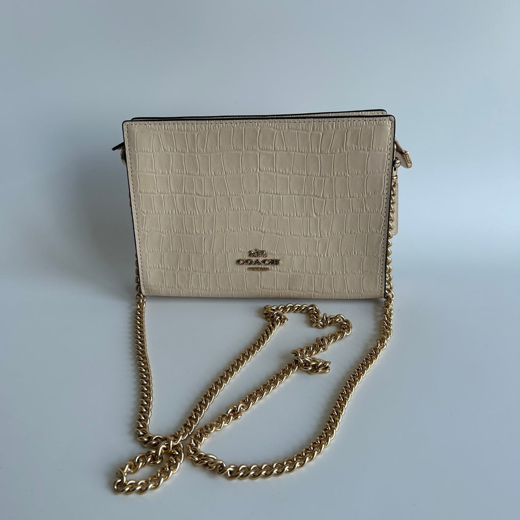 Coach Slim Crossbody Ivory Crocodile Embossed Leather Gold Chain CR237