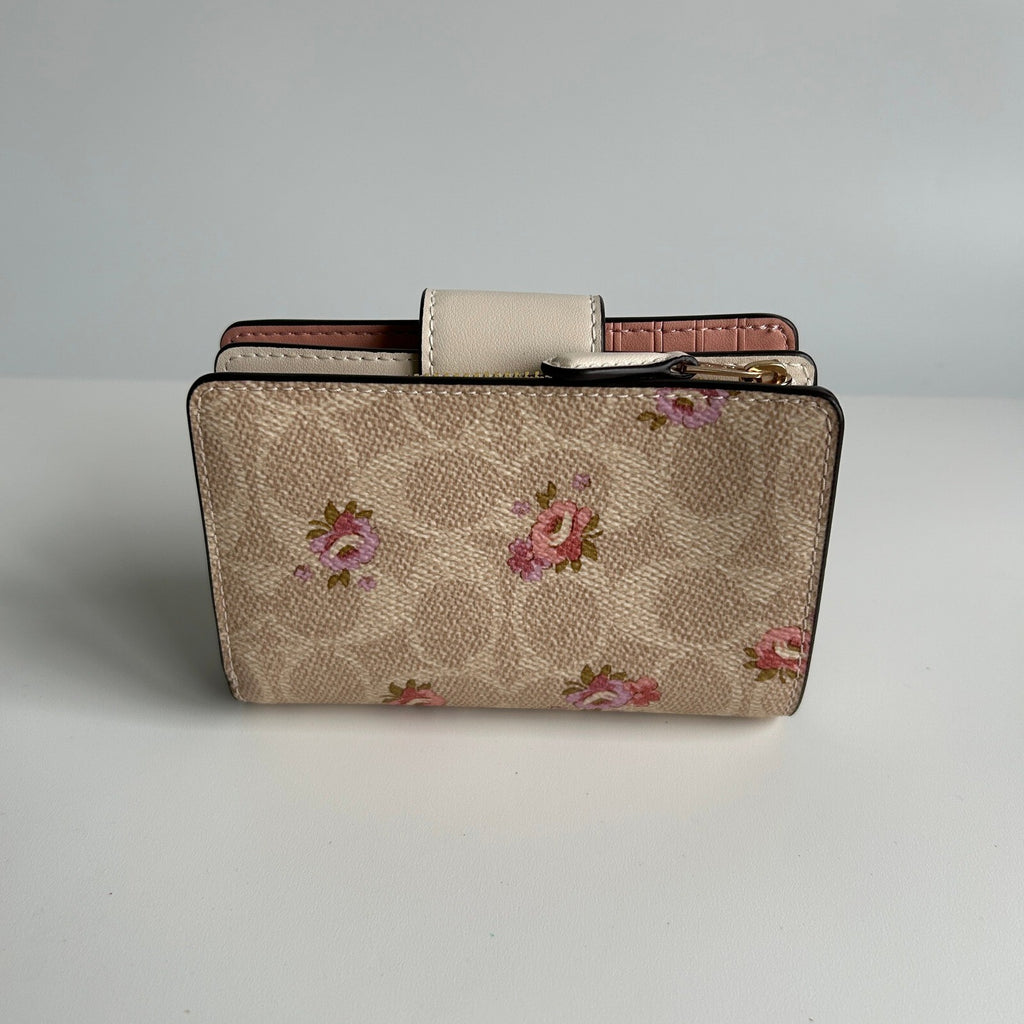 Coach Medium Corner Zip Wallet Signature Floral Sand Multi Canvas Leather CAR13