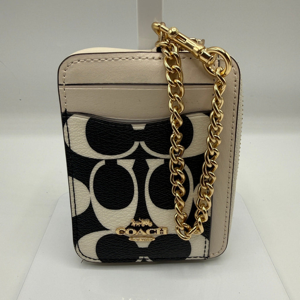 Coach Zip Card Case Black White Signature Canvas Leather Wallet CP468