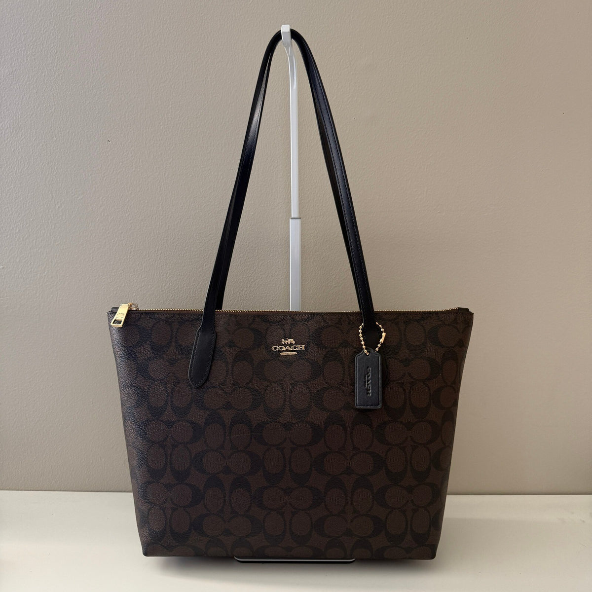 Coach Zip Top Tote Brown Black Signature Canvas Bag 4455