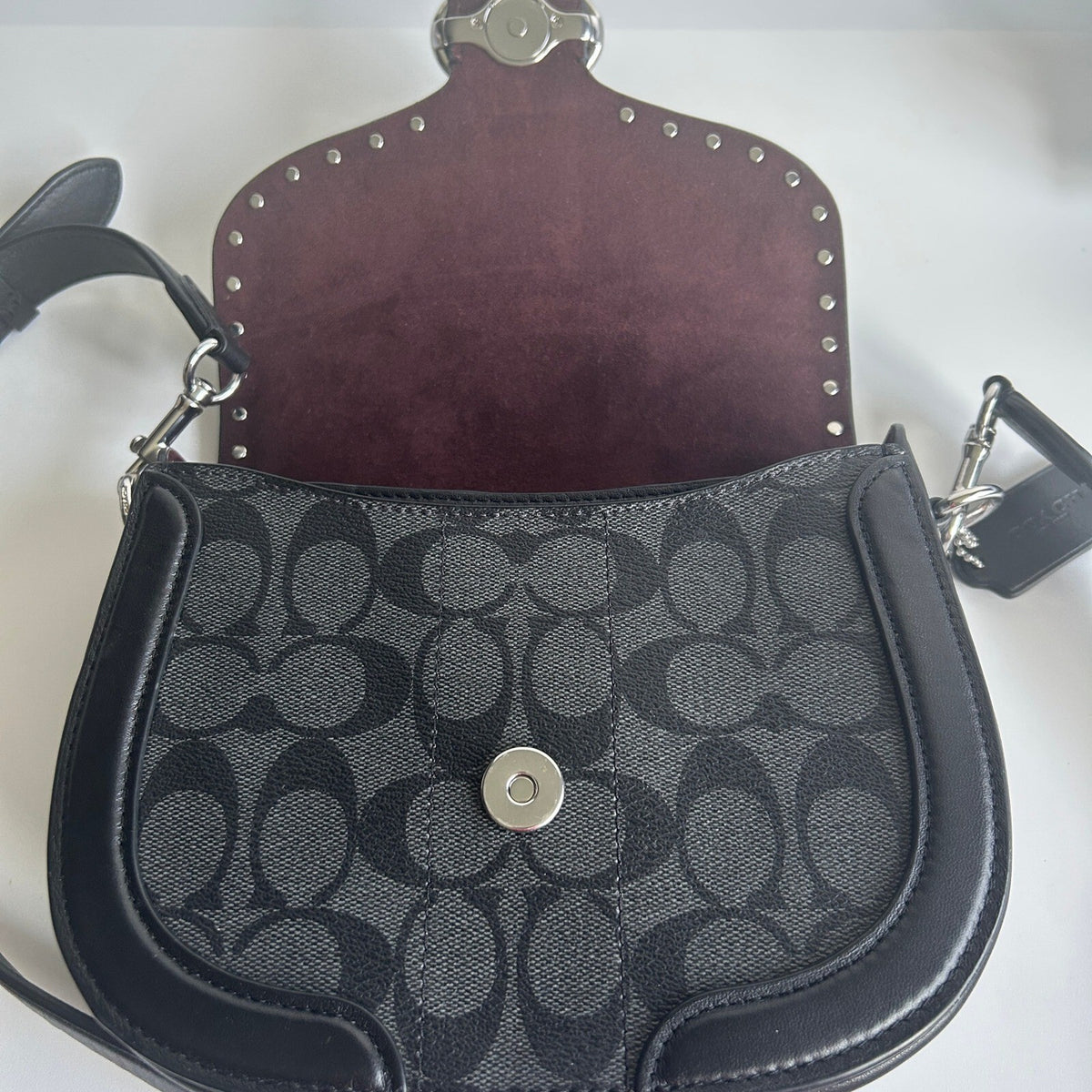 Coach Georgie Saddle Bag Black Colorblock Canvas Leather Rivets C3593