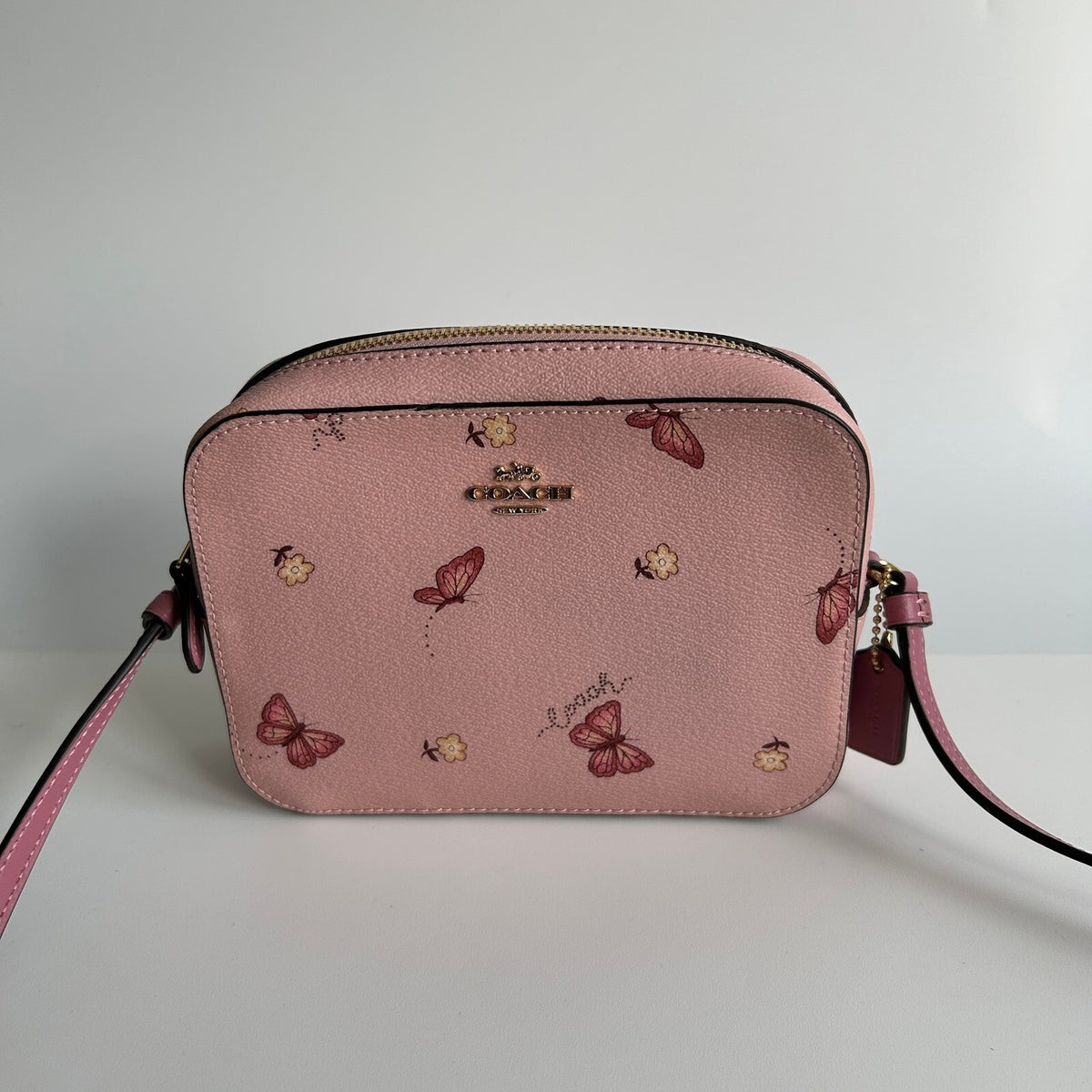 Coach Mini Camera Bag Pink Butterfly Print Leather Crossbody 2464