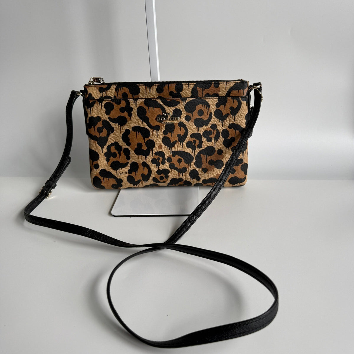 Coach Wild Beast Brown Black Leopard Drip Print Canvas Leather Crossbody F36592
