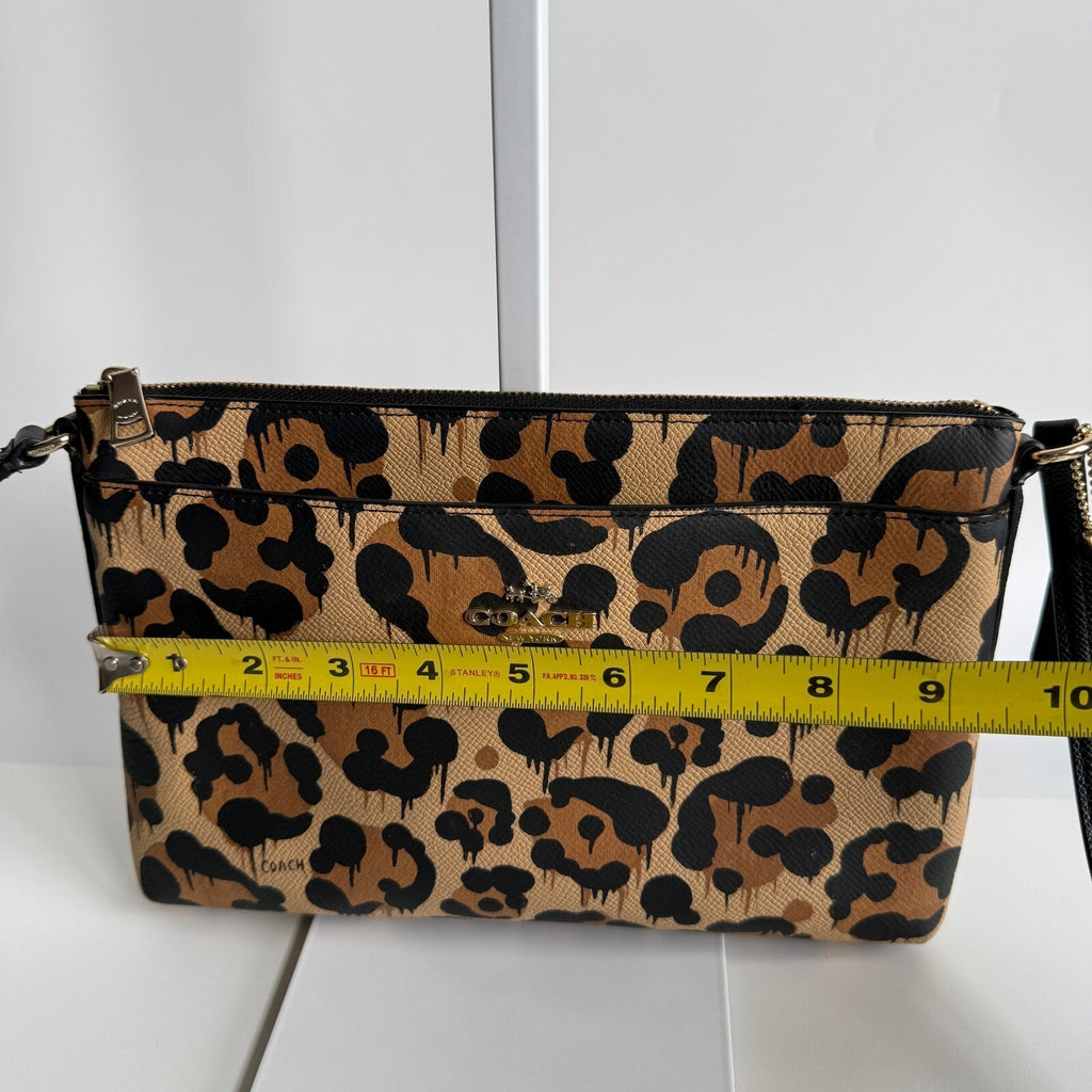 Coach Wild Beast Brown Black Leopard Drip Print Canvas Leather Crossbody F36592