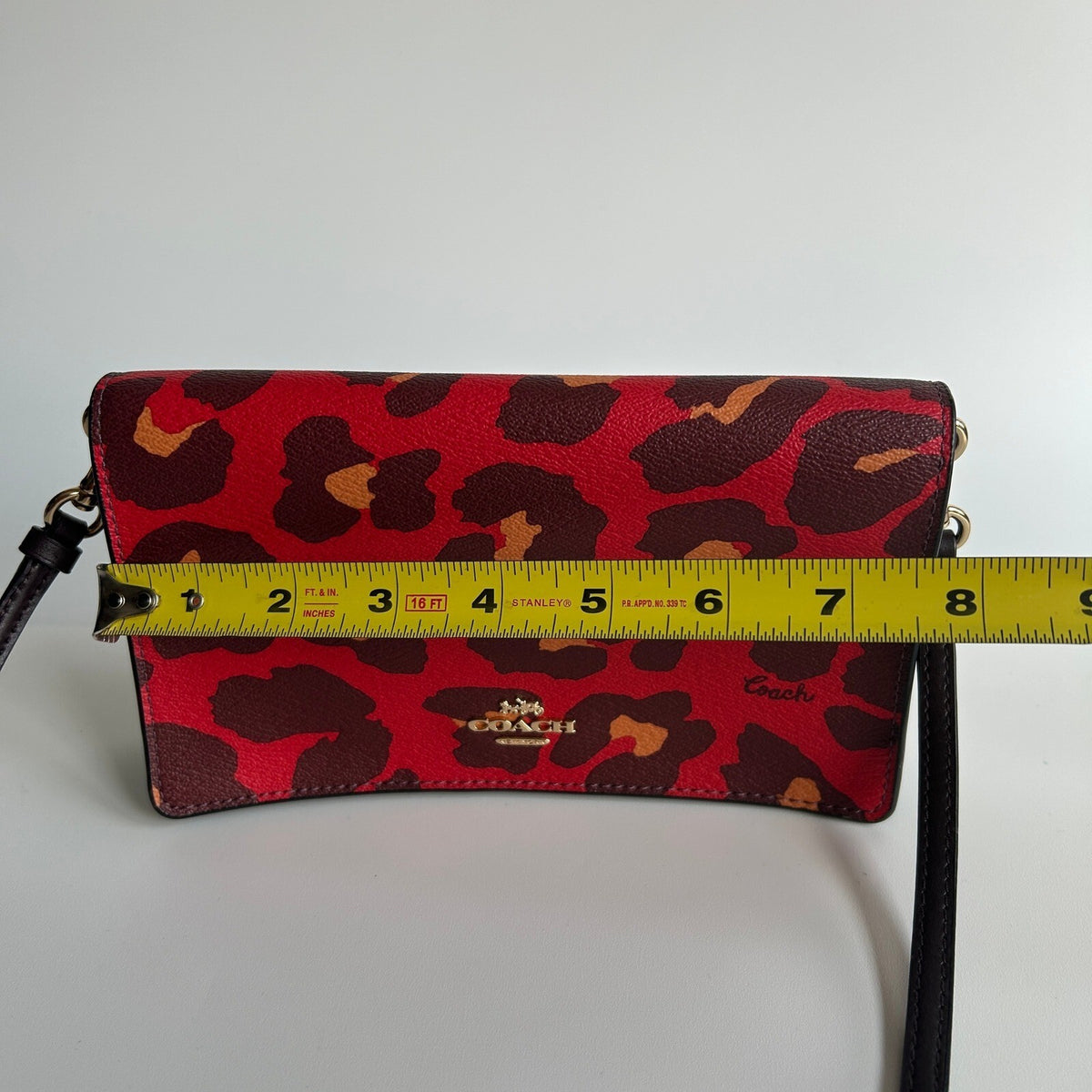 Coach Anna Foldover Red Leopard Print Leather Crossbody Clutch Bag 7301