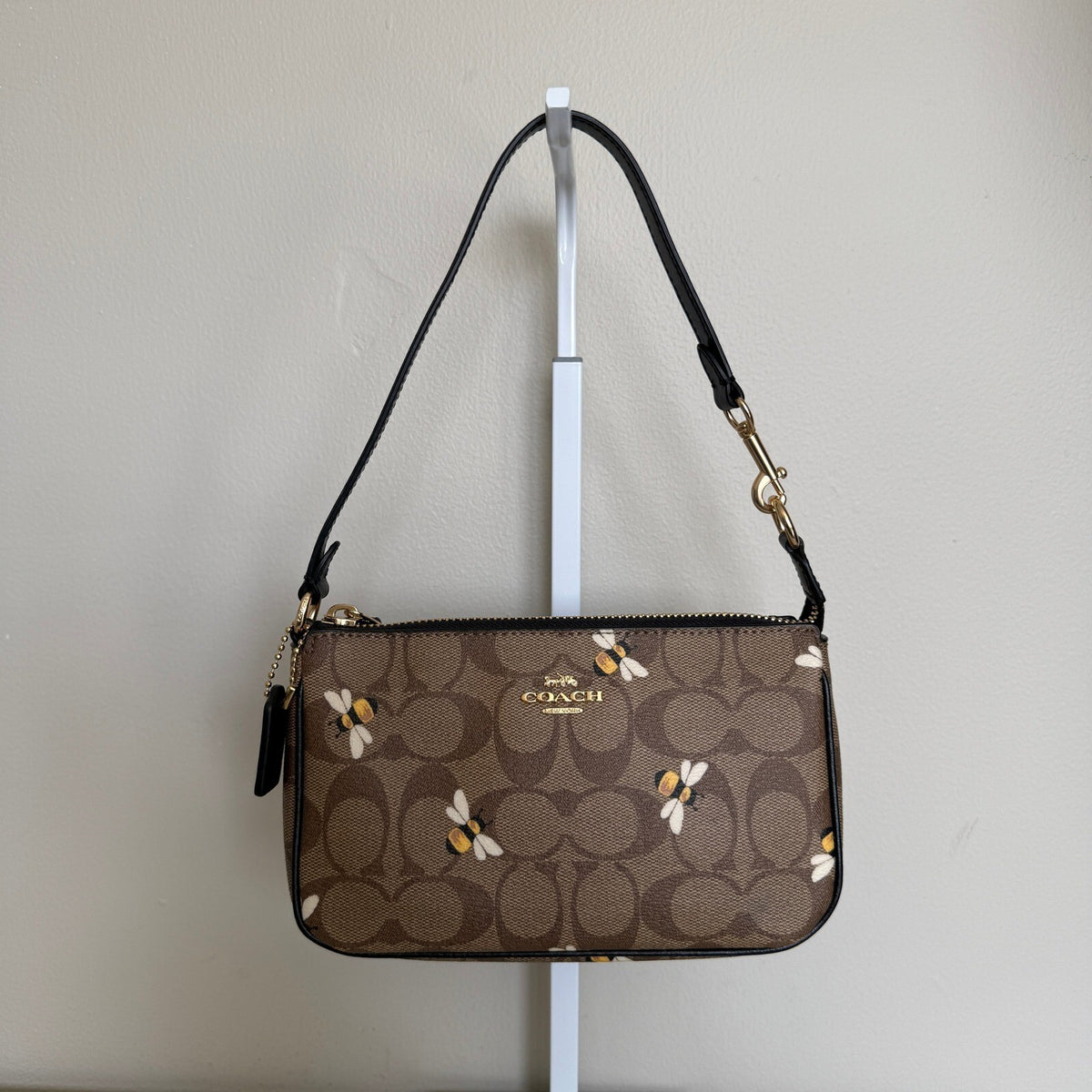 Coach Nolita 19 Brown Signature Canvas Bee Print Wristlet Bag C8673