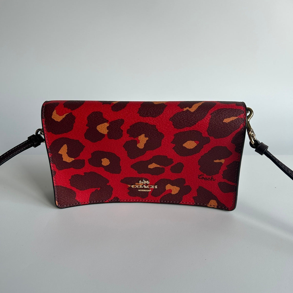 Coach Anna Foldover Red Leopard Print Leather Crossbody Clutch Bag 7301