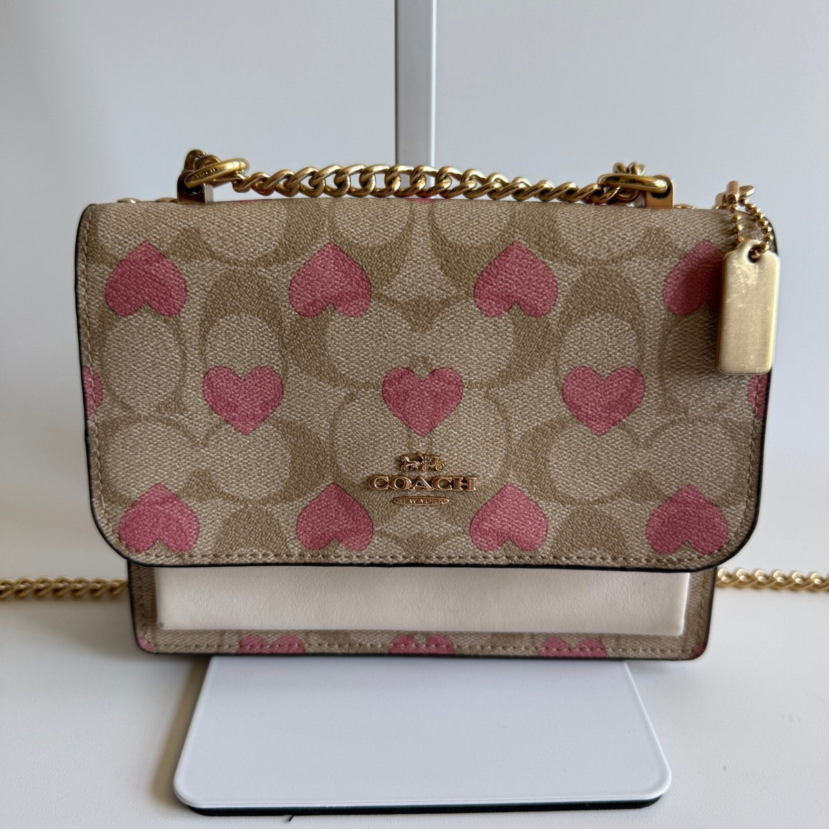 Coach Mini Klare Pink Heart Signature Canvas Leather Crossbody Bag CO950