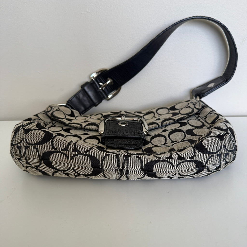 Coach Soho Shoulder Bag Black Gray Jacquard Canvas 11860 Buckle Flap Hobo