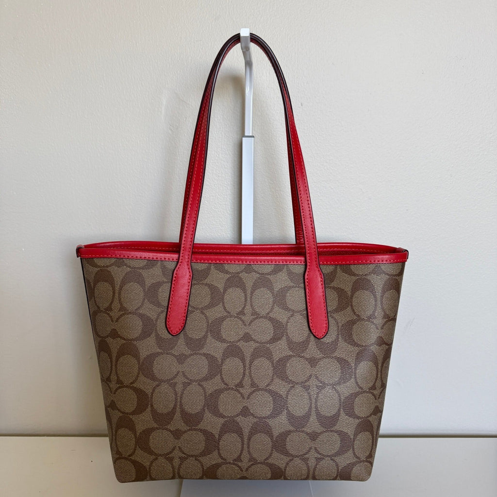 Coach City Tote Khaki Miami Red Signature Canvas Bag 5696