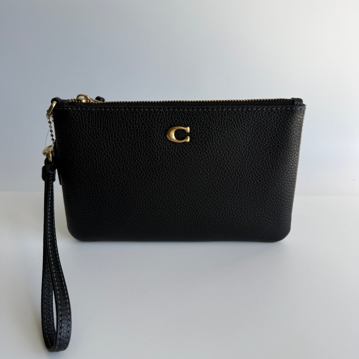 Coach Essential Small Wristlet Black Polished Pebble Leather Bag CH818