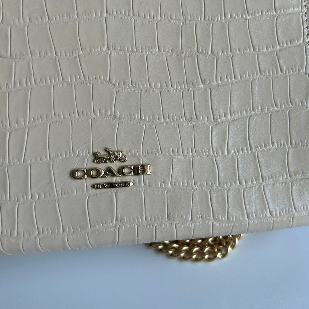 Coach Slim Crossbody Ivory Crocodile Embossed Leather Gold Chain CR237