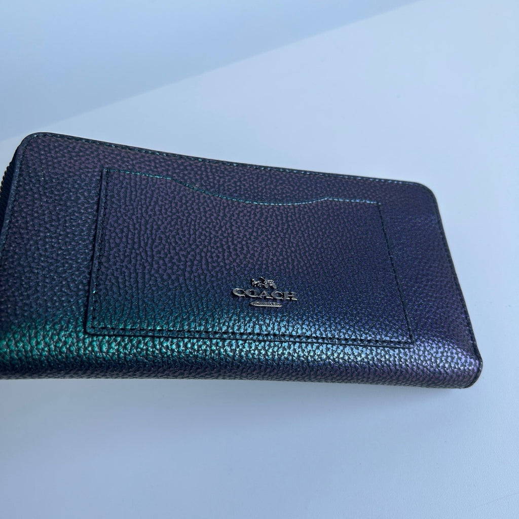 Coach Accordion Zip Around Metallic Green Crossgrain Leather Wallet F54007