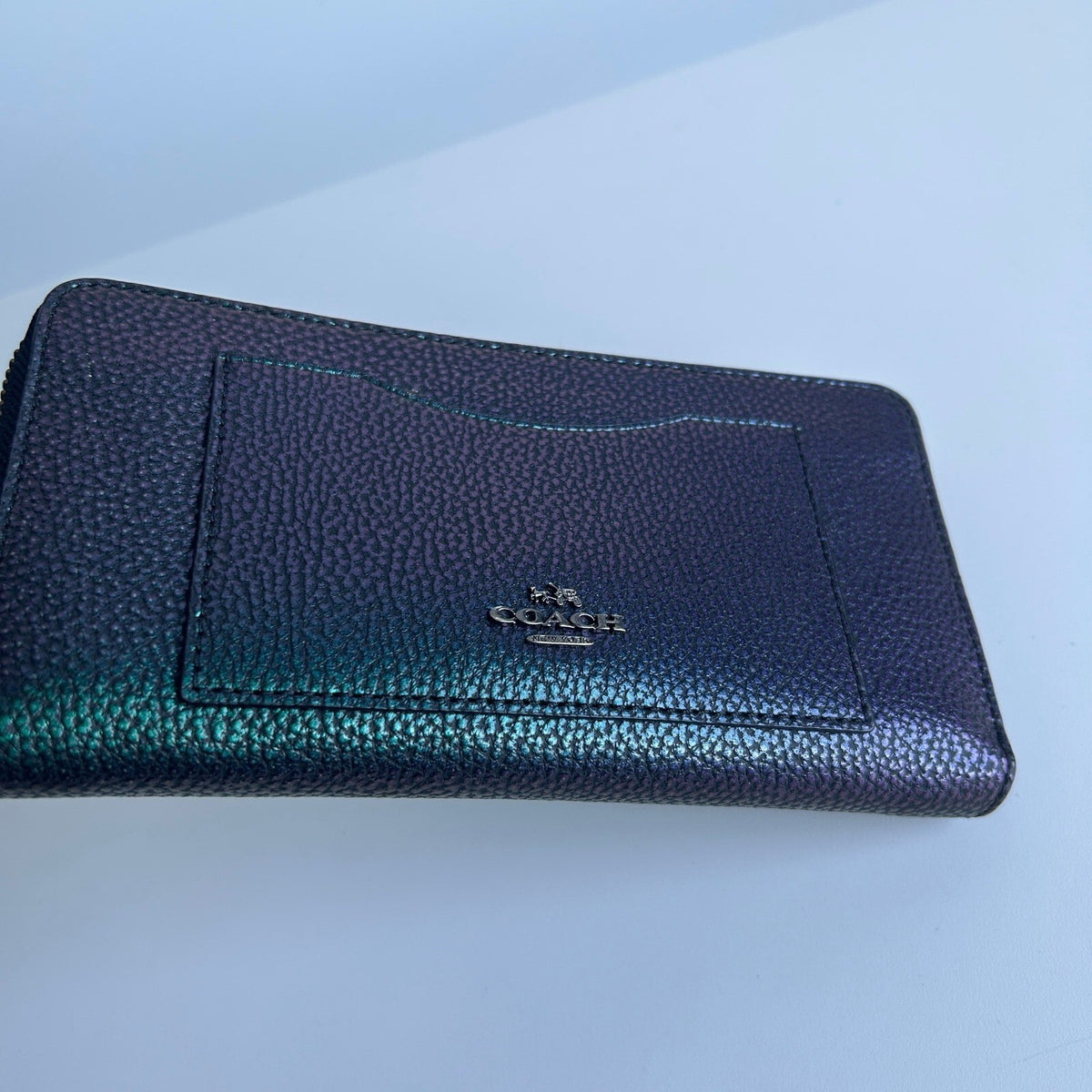 Coach Accordion Zip Around Metallic Green Crossgrain Leather Wallet F54007