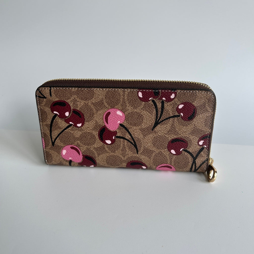 Coach Accordion Zip Wallet Tan Multi Canvas Cherry Print CZ328