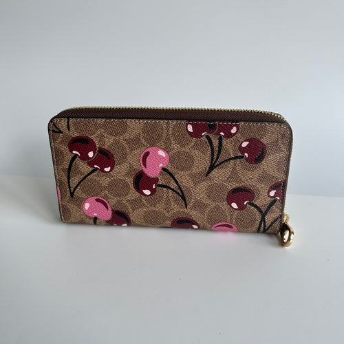 Coach Accordion Zip Wallet Tan Multi Canvas Cherry Print CZ328