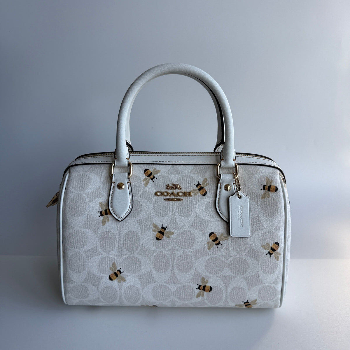 Coach Rowan Satchel Chalk Glacier White Signature Canvas CH516 Bee Print Bag