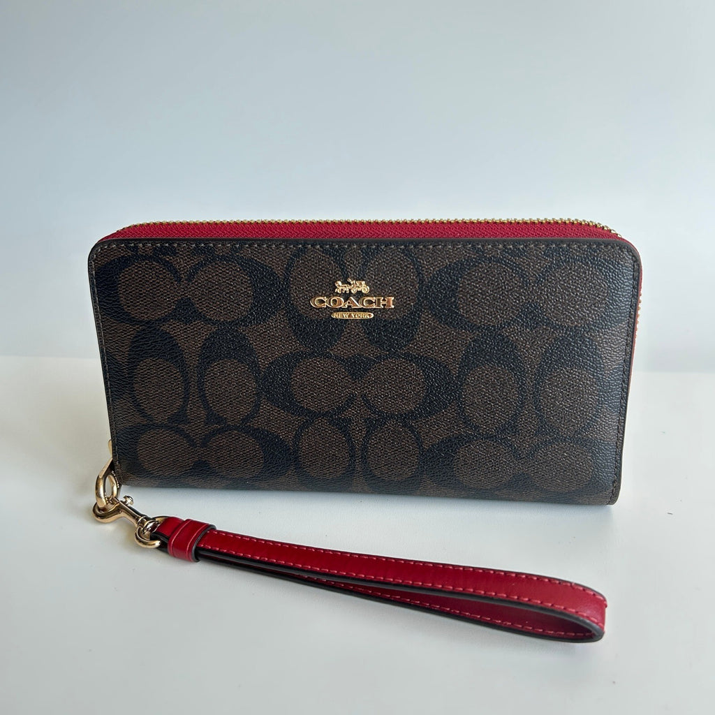 Coach Long Zip Around Wallet Brown Red Signature Canvas Wristlet C4452