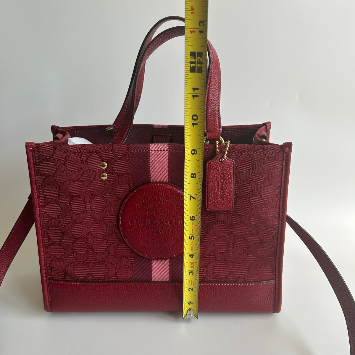 Coach Dempsey Tote 22 Red Signature Jacquard Varsity Stripe Crossbody Bag C8417