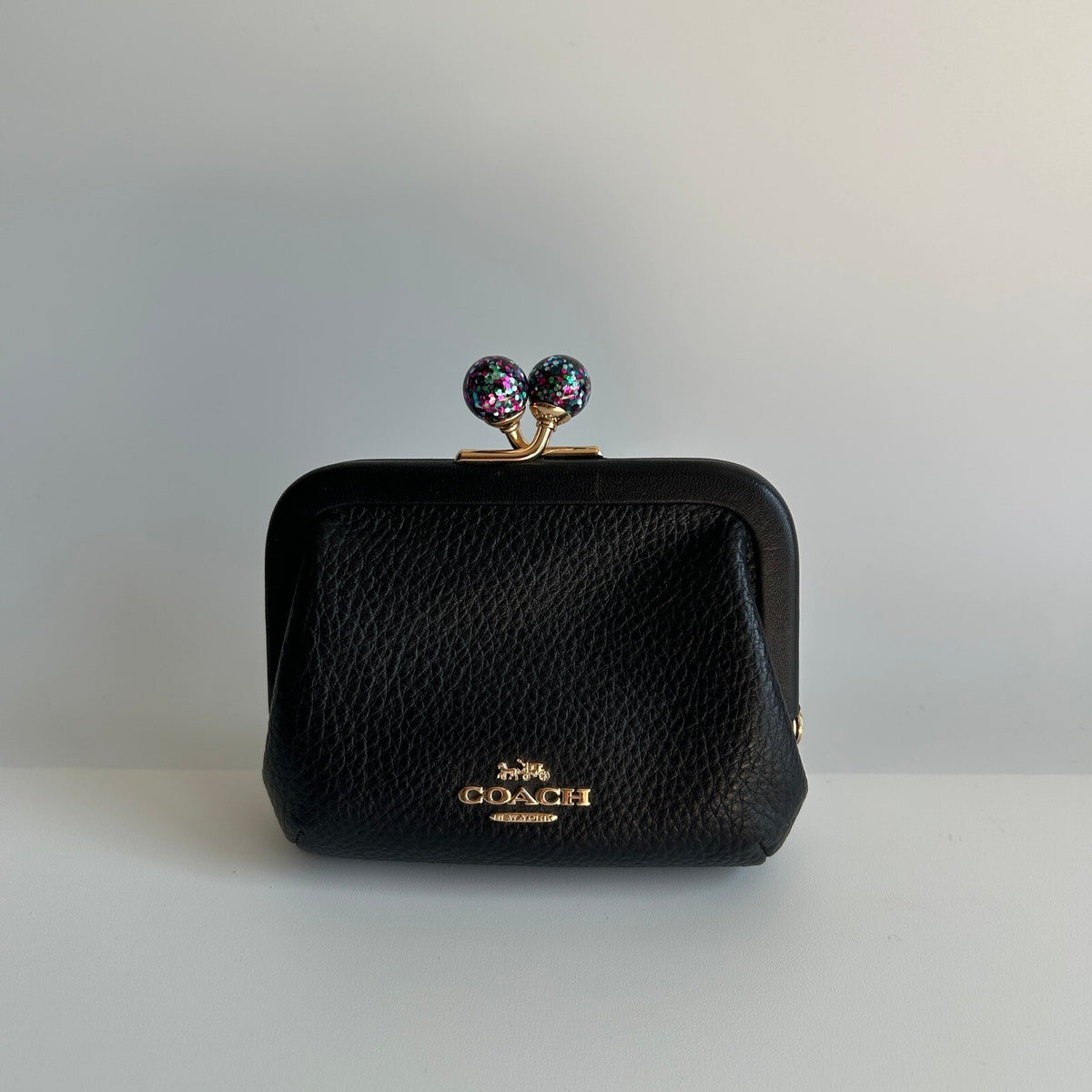 Coach Nora Kisslock Card Case Black Leather Glitter Wallet C2132