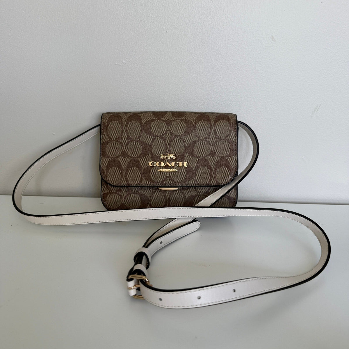 Coach Mini Brynn Flap Crossbody Bag Khaki Chalk Signature Canvas C5592