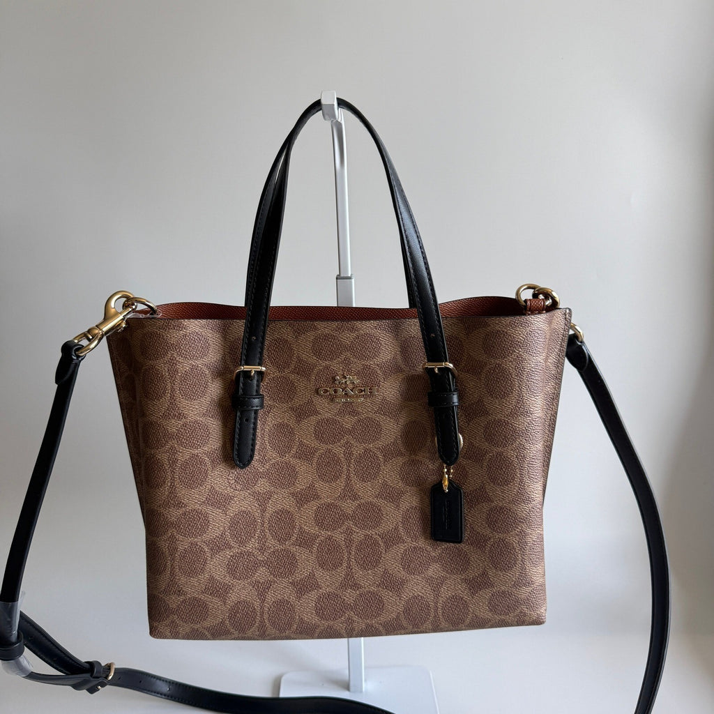 Coach Mollie Tote 25 Tan Black Signature Canvas Leather Bag CV909