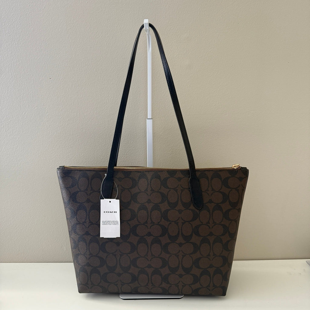 Coach Zip Top Tote Brown Black Signature Canvas Bag 4455