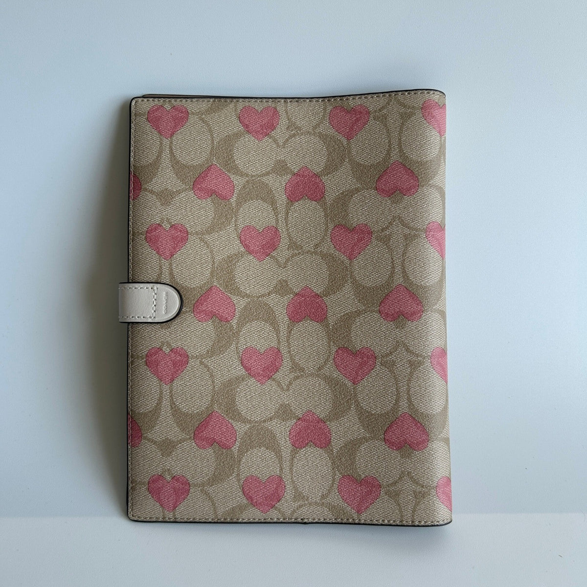 Coach Notebook Cover Pink Heart Khaki Signature Canvas Snap Closure CP378
