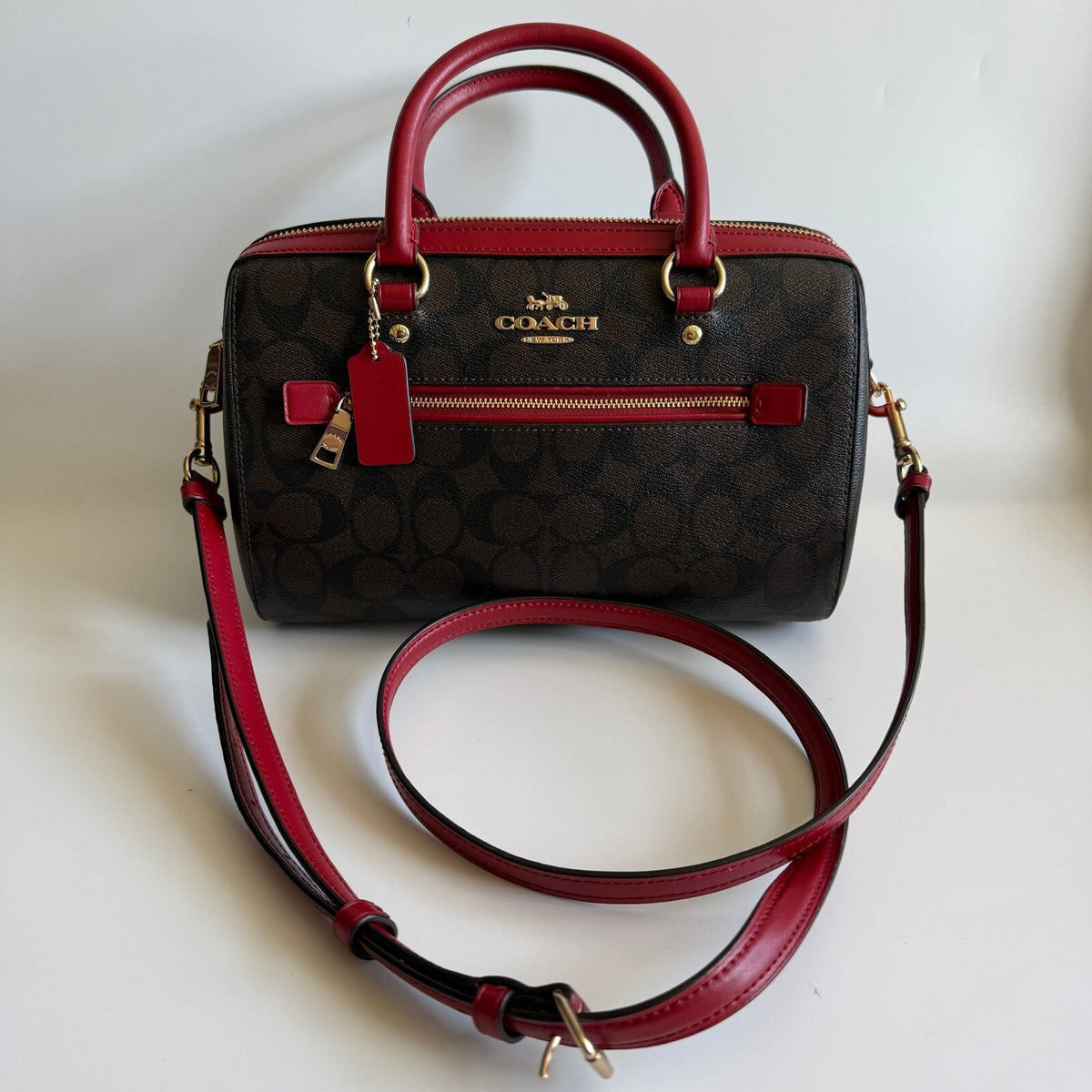 Coach Rowan Satchel Brown True Red Signature Canvas Bag F83607