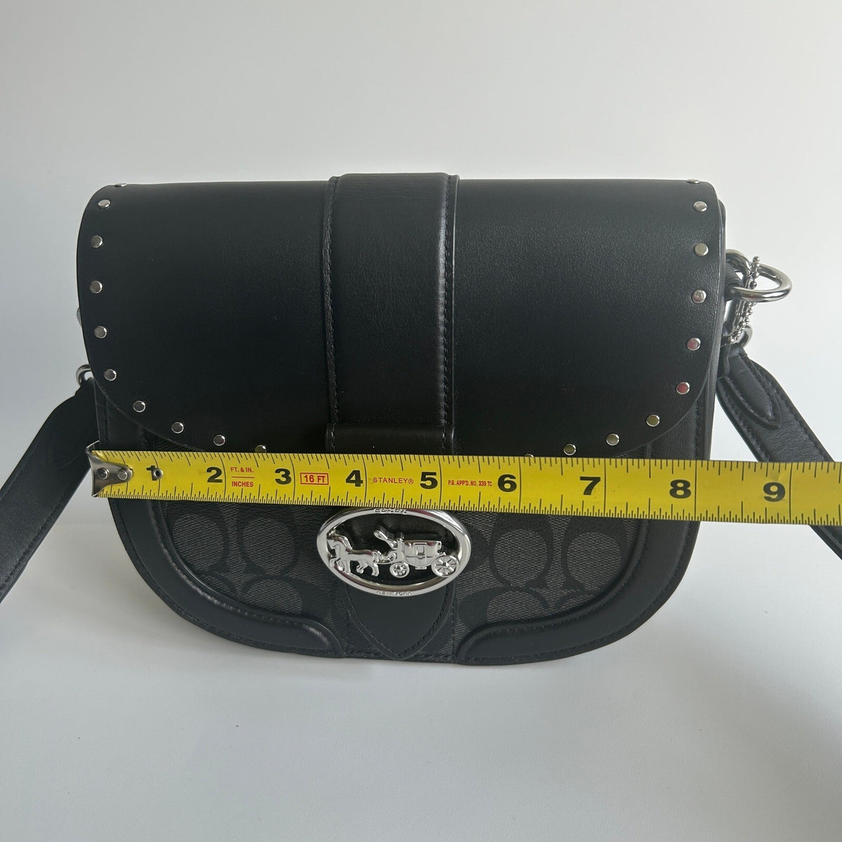 Coach Georgie Saddle Bag Black Colorblock Canvas Leather Rivets C3593