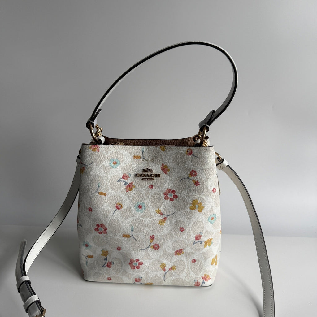 Coach Small Town Bucket Bag White Signature Canvas Mystical Floral Print C8610
