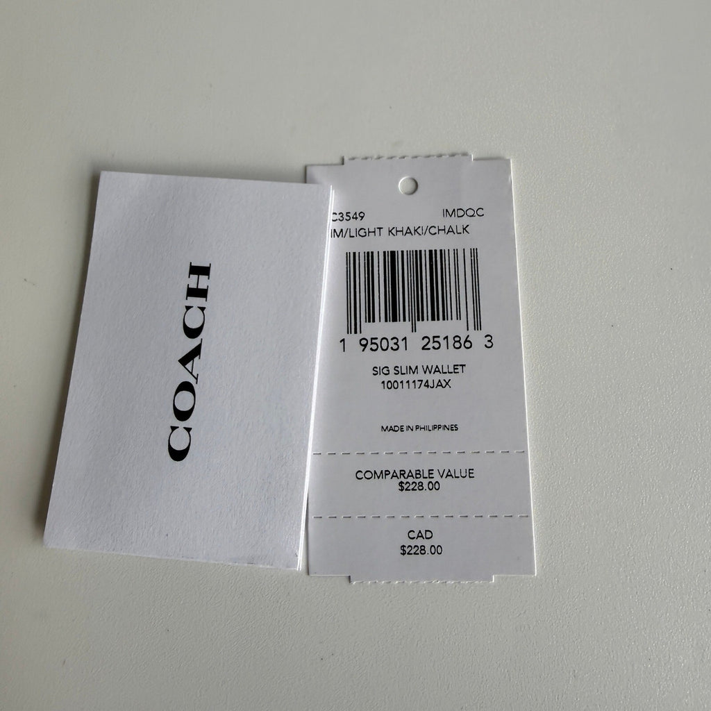 Coach Slim Wallet Khaki Signature Canvas Smooth Leather C3549