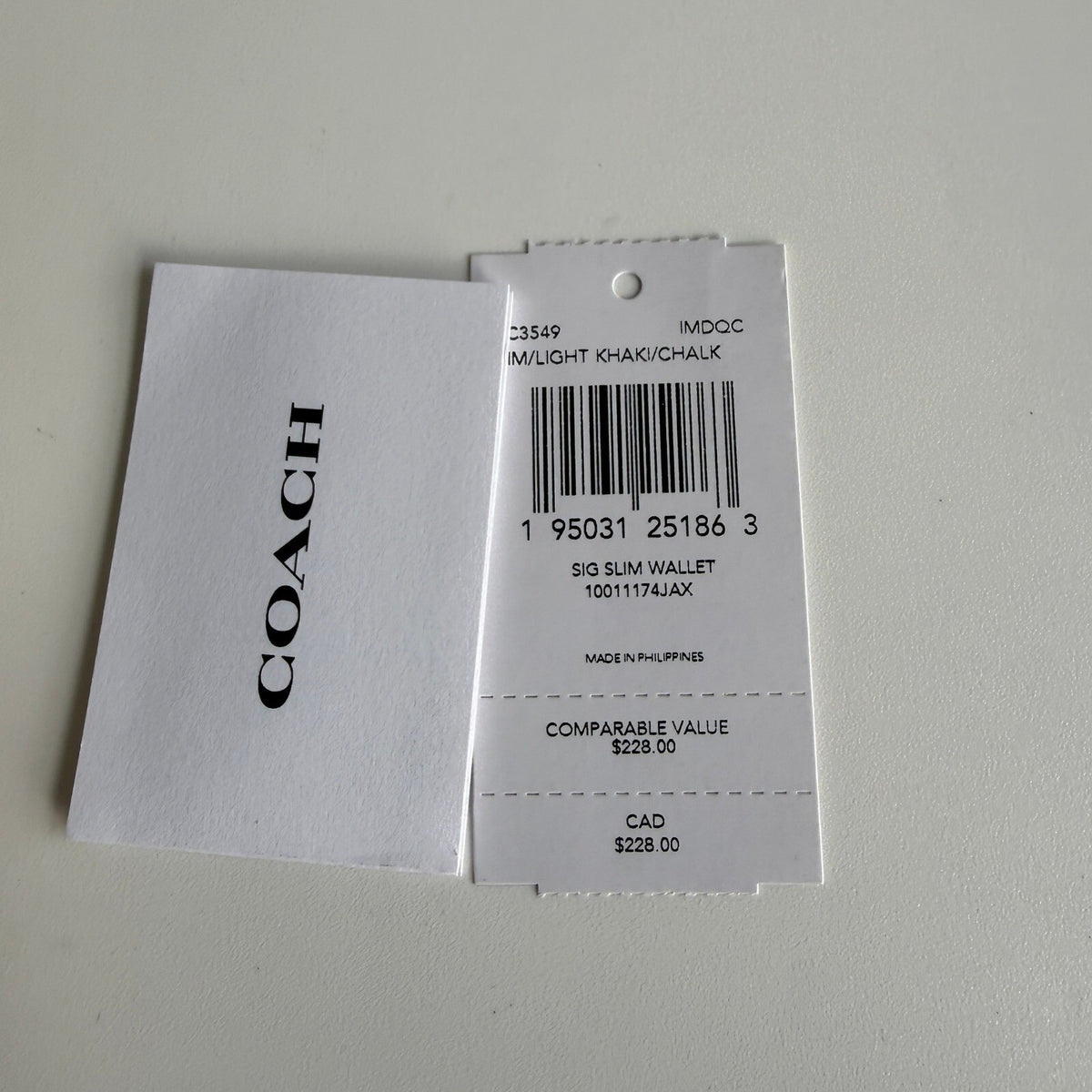 Coach Slim Wallet Khaki Signature Canvas Smooth Leather C3549