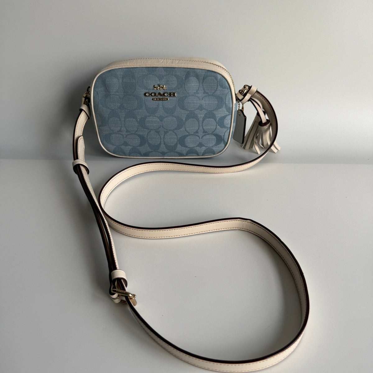 Coach Mini Jamie Camera Bag Denim Chambray Leather Crossbody CA732