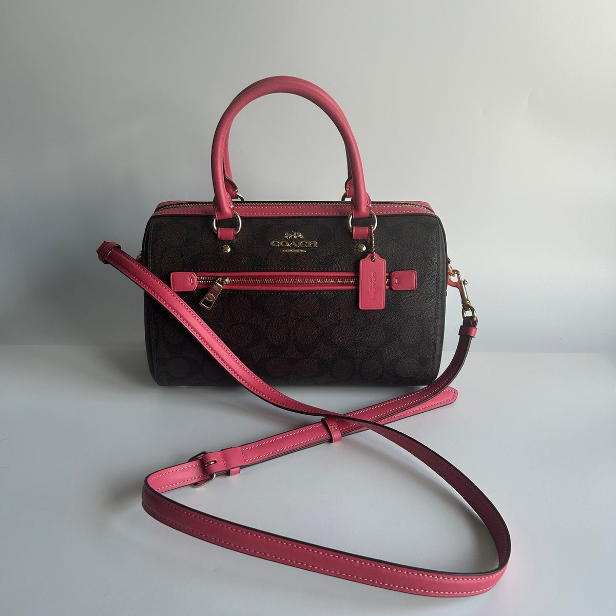 Coach Rowan Satchel Pink Brown Signature Canvas Crossbody Bag F83607