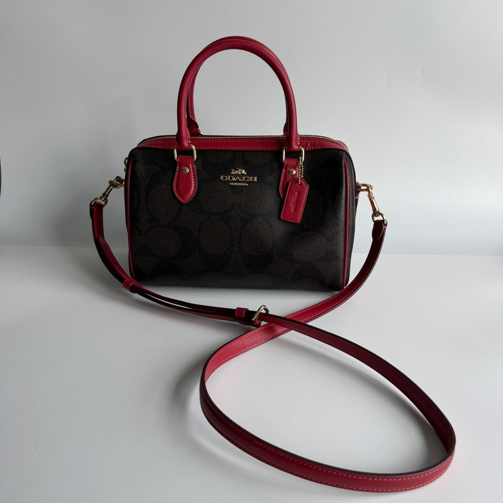 Coach Rowan Satchel Brown Red Signature Canvas Crossbody CV961