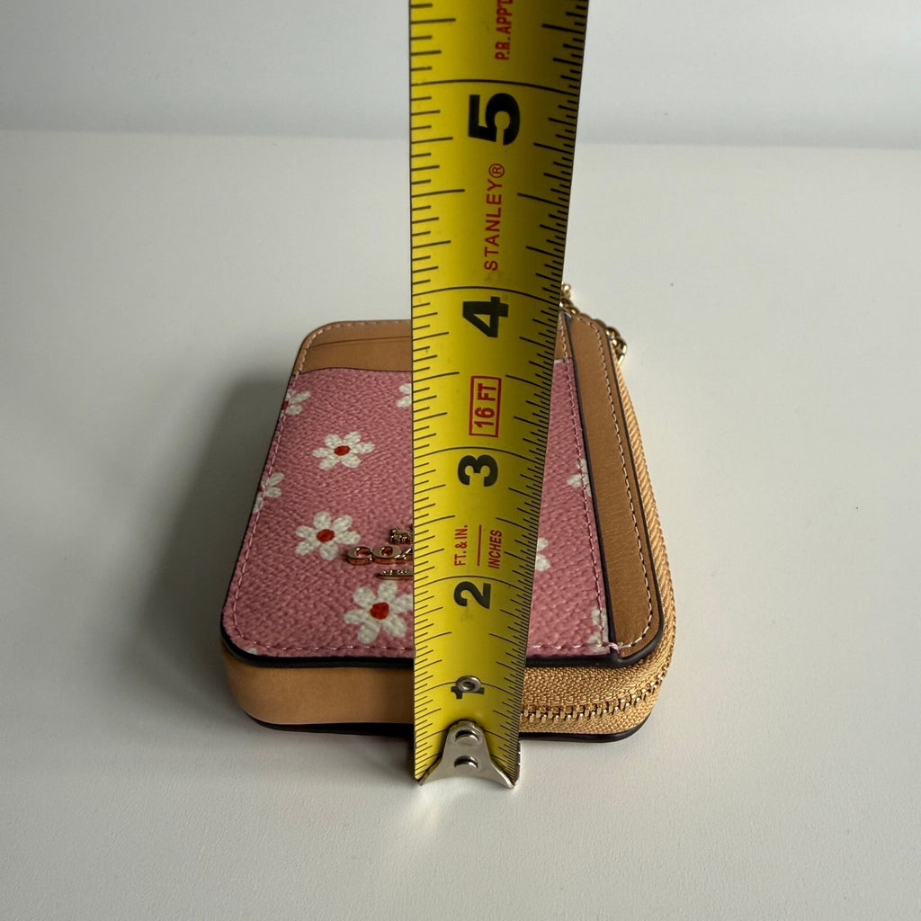 Coach Zip Card Case Pink Floral Daisy Leather Wallet CFA37