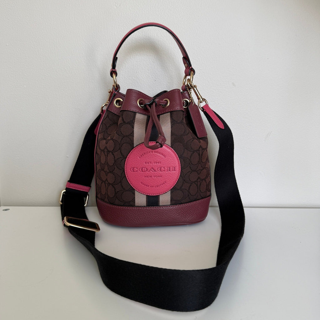 Coach Mini Dempsey Bucket Bag Pink Signature Jacquard Stripe Patch C8322