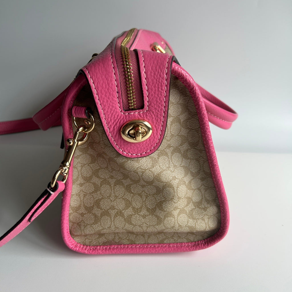 Coach Millie Satchel Light Khaki Petunia Pink Signature Canvas Bag CE637