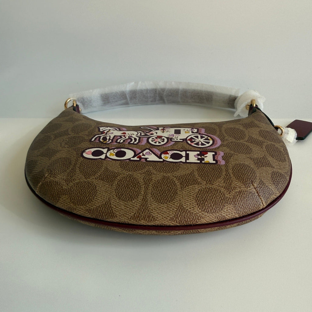 Coach Mini Payton Black Cherry Tan Signature Canvas Hobo Bag CX608
