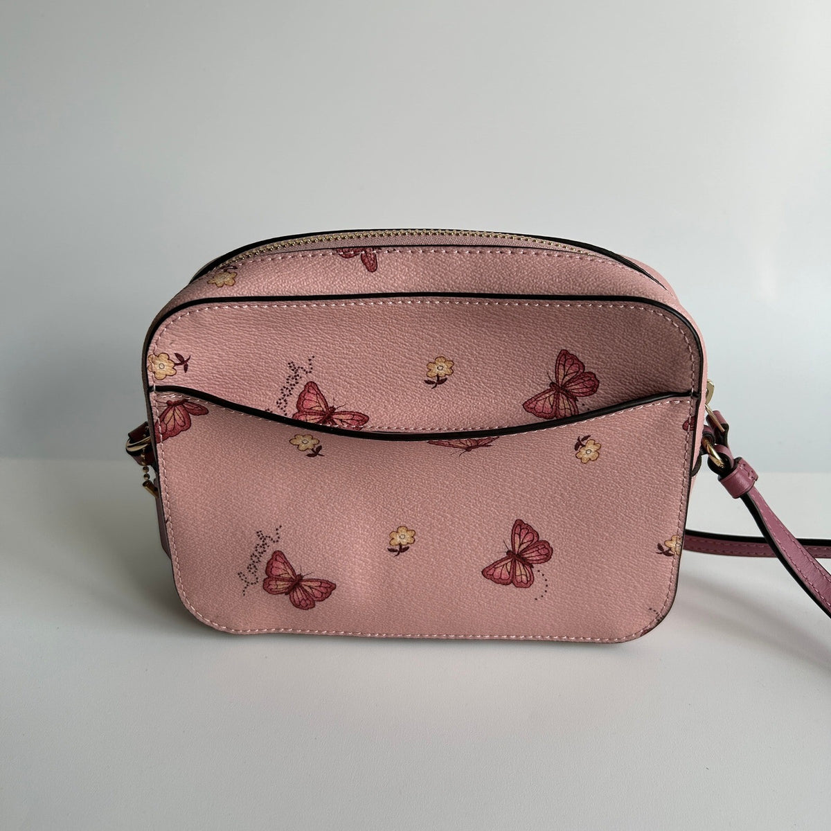 Coach Mini Camera Bag Pink Butterfly Print Leather Crossbody 2464