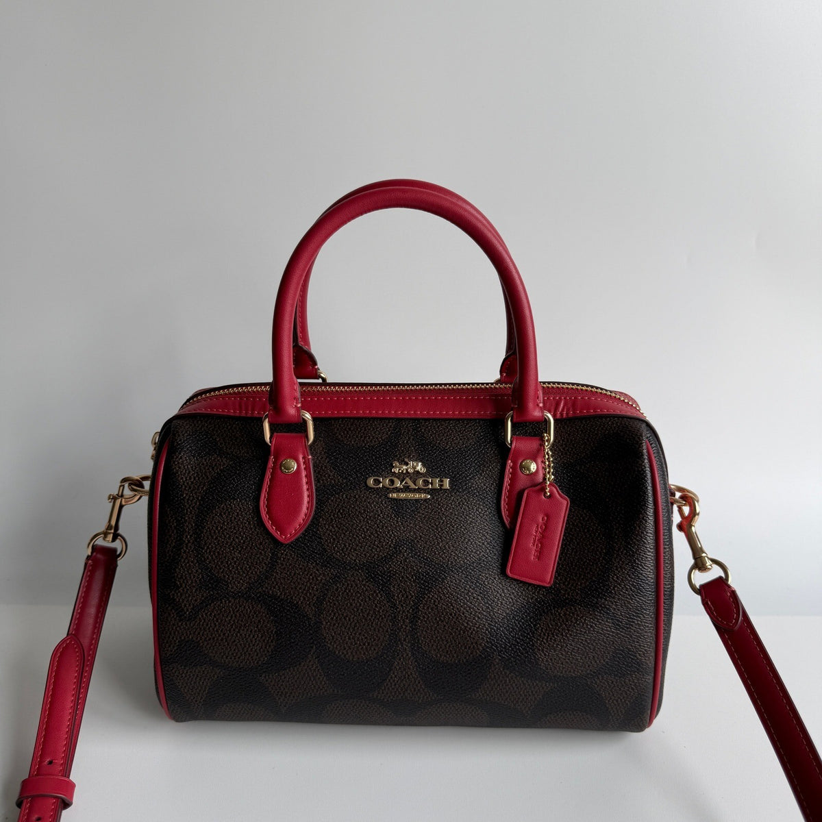 Coach Rowan Satchel Brown Red Signature Canvas Crossbody CV961