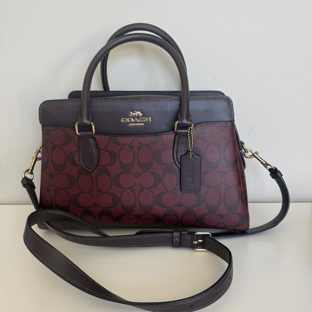 Coach Darcie Carryall Oxblood Burgundy Black Signature Canvas Bag CH488