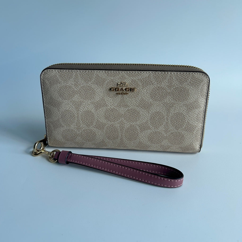 Coach Long Zip Around Wallet Khaki Berry Signature Canvas C4452