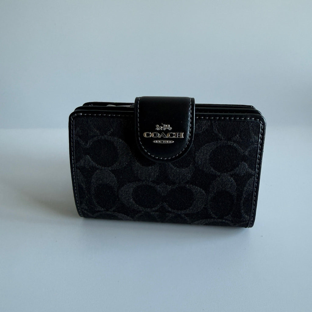 Coach Medium Corner Zip Wallet Silver Black Signature Denim CDF13 Compact Bifold