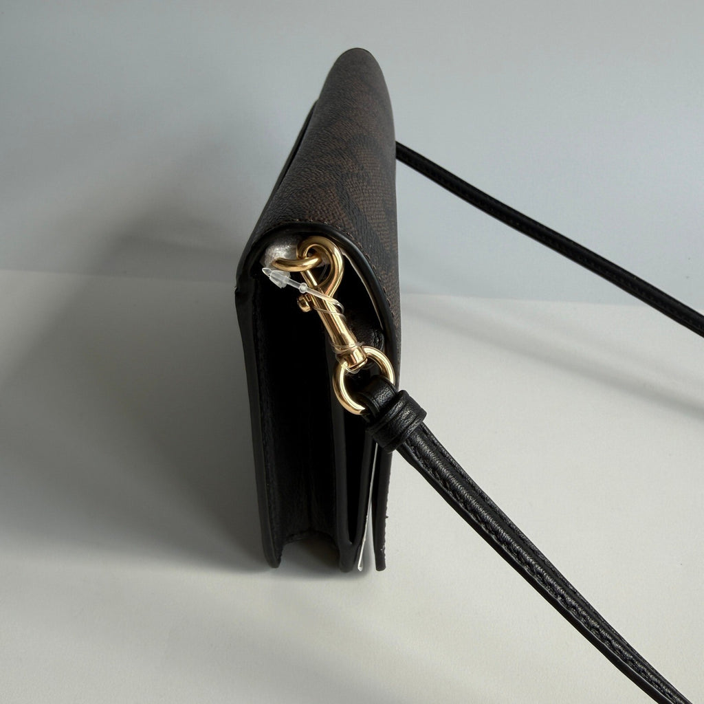 Coach Anna Foldover Crossbody Clutch Brown Black Signature Coated Canvas 3036